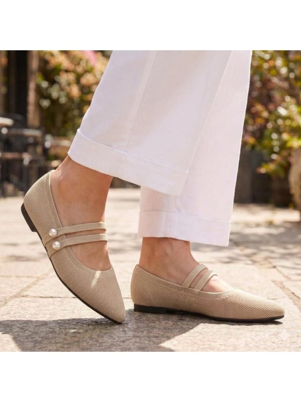 Women's Beige Rubber Knit Pointed Toe Double Strap Ballet Flat Breathable Shoes - Picture 2 of 6
